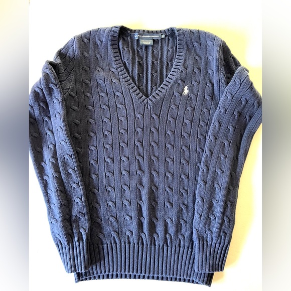 Ralph Lauren blue cable knit sweater, V-neck Sz M White Pony minimal Classic - Picture 8 of 10